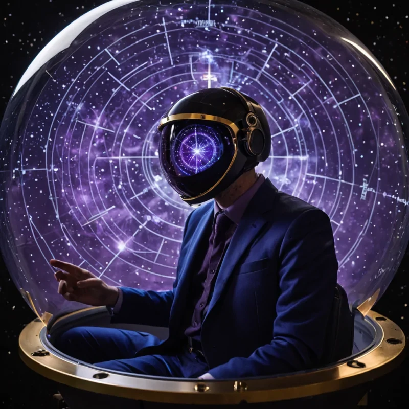 A closeup, eyelevel portrait of a celestial cartographer sitting inside a floating observatory pod constructed from curved, smoked glass and brushed titanium, suspended in a nebula of deep violet and electric blue gas. The cartographer wears a highcollared suit of matte charcoal fabric embedded with fiberoptic threads that pulse with soft white light, mirroring the star charts projected onto their retinal visor. In their hand, they hold a delicate, floating compass made of suspended magnetic spheres and gold leaf, which rotates slowly in zero gravity, aligning with invisible cosmic currents. The background is a softfocus blur of distant, swirling galaxy arms and dust lanes, illuminated by the harsh, directional light of a nearby neutron star, creating sharp rim lighting