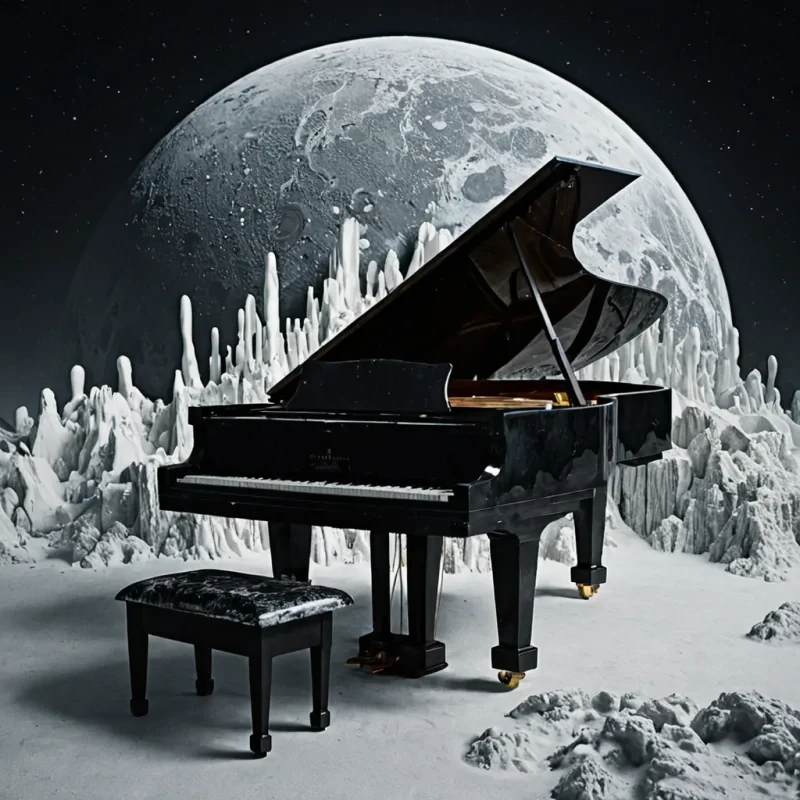 A vast, floating archipelago of inverted, selfrepairing stone pianos drifts through the stratosphere of a planet where music is not heard, but felt as pressure waves in the bones. Each piano is not made of wood or metal, but of solidified moonlightfrozen at the exact moment a single, perfect note was struck in a world that never had ears to listen. The keys are not black and whitethey are polished obsidian and liquid silver, each one etched with the faint, trembling outline of a hand that never played, its fingers suspended midmotion in a gesture of longing. The pianos do not produce soundthey absorb silence, their internal mechanisms humming with the subsonic resonance of unplayed