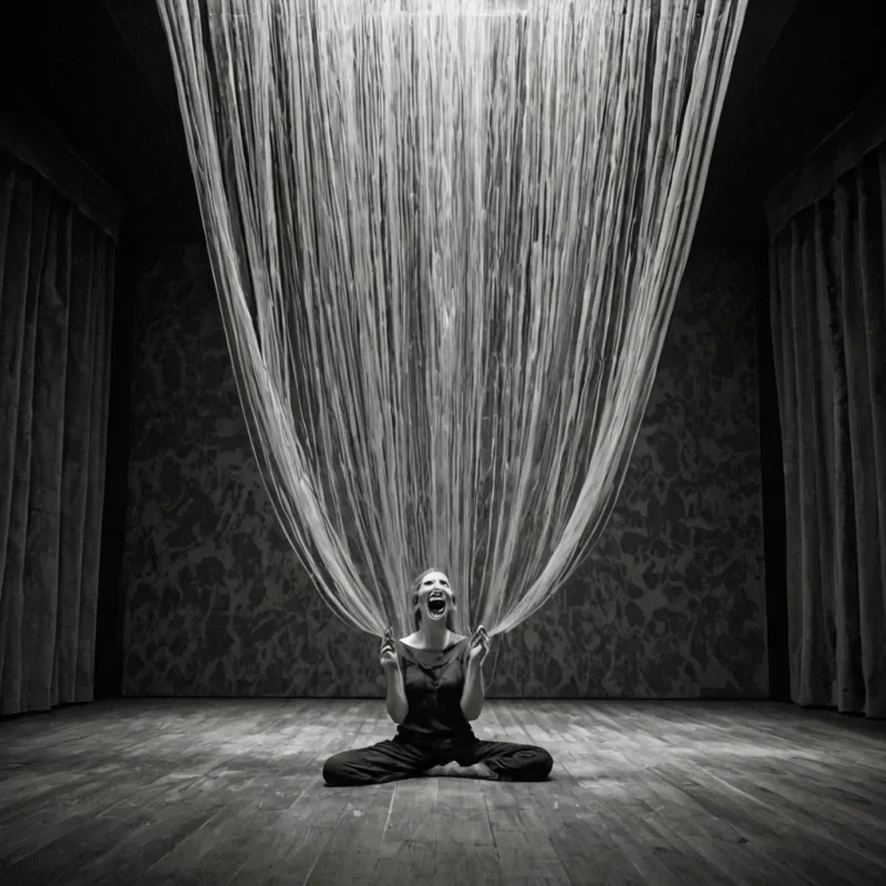 A single, selfattenuating filament of frozen laughter pulses through the core of a floating, inverted theater built entirely from the thermal afterimage of a thousand unperformed comedies that never cracked the silence of a world that never learned to smile. The filament does not echoit unlaughs, each pulse dissolving a moment of mirth into its original gravity, releasing a wave of negative levity that fractures the fabric of joy into a drifting mist of goldtinged, geometric silence, each one etched with the chromatic echo of a joke that never landed in the hollow of a laugh that never formed. The theaters curtains are not drawnthey are suspended in midunfurling, each fold a memory of applause that never