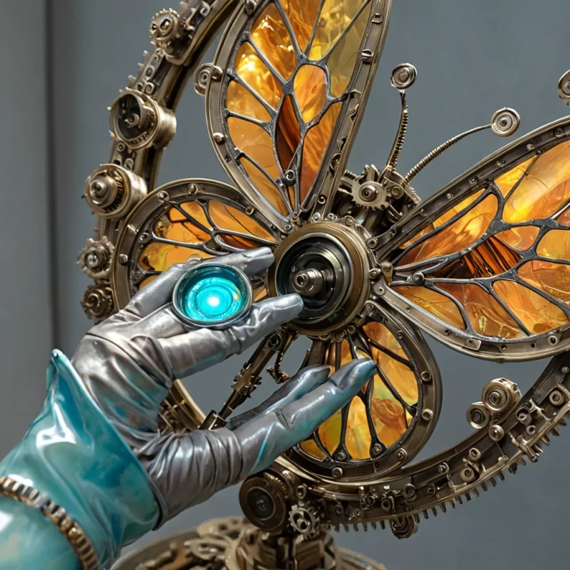 A macro, extremecloseup shot of a futuristic, kinetic sculpture composed of thousands of interlocking, floating brass clockwork gears and delicate, iridescent butterfly wings made of stained glass, suspended in a vacuumsealed chamber filled with swirling, pastelcolored smoke. The sculpture rotates slowly, catching the light from three distinct sources a harsh, white spotlight from above, a soft, amber glow from the left, and a cool, cyan rim light from below. In the foreground, a single, hyperdetailed human hand wearing a translucent, lacelike glove reaches out to touch the center of the mechanism, causing the glass wings to vibrate and emit a faint, shimmering haze of golden dust. The background is a blurred, abstract wash of