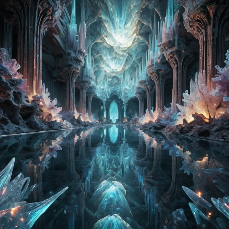 A hyperrealistic, 4K, ultra HD depiction of an opalescent, crystalline underground city, its geometric structures and undulating spires etched in intricate, fractal patterns. Volumetric lighting from a distant, pulsating, bioluminescent source bathes the scene in a mesmerizing symphony of vibrant, prismatic hues. Cinematic lighting accentuates the citys central, radiant, luminescent pool, its rippling, liquid surface casting ethereal reflections on the surrounding, geometric formations. Photorealistic, fractal, zerogravity water formations unfurl in a surreal dance, creating an otherworldly, aquatic ballet.