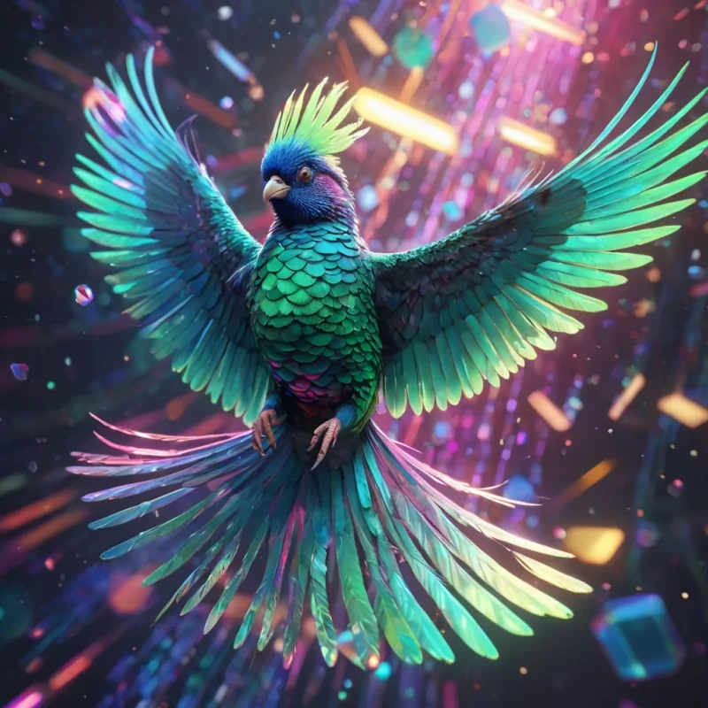 Hyperrealistic neon quetzal with iridescent feathers, gracefully gliding through a floating, geometric mosaic of reflective, swirling pastel pentagons, dynamic lighting with volumetric beams, soft focus on its delicate, luminescent body, vibrant colors, 4K resolution, lens flare shimmering around its ethereal form in a surreal, futuristic urban sanctuary.