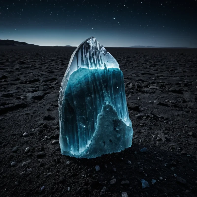 An extreme, highcontrast closeup of a singular, massive, crystalline tooth of a leviathan, standing upright like a monolith on a pristine, obsidianblack desert floor. The tooth is composed of semitransparent, pale cyan sapphire, revealing a dense, intricate internal lattice of golden filaments that pulse with a slow, rhythmic, bioluminescent hum. Surrounding the base of the monolith is a shallow, perfectly circular trench filled with viscous, deep violet fluid that is slowly evaporating, creating a thin, rising mist that clings to the ground. In the background, a vast, starless sky of deep indigo is pierced by three distinct, long, horizontal streaks of white light, resembling