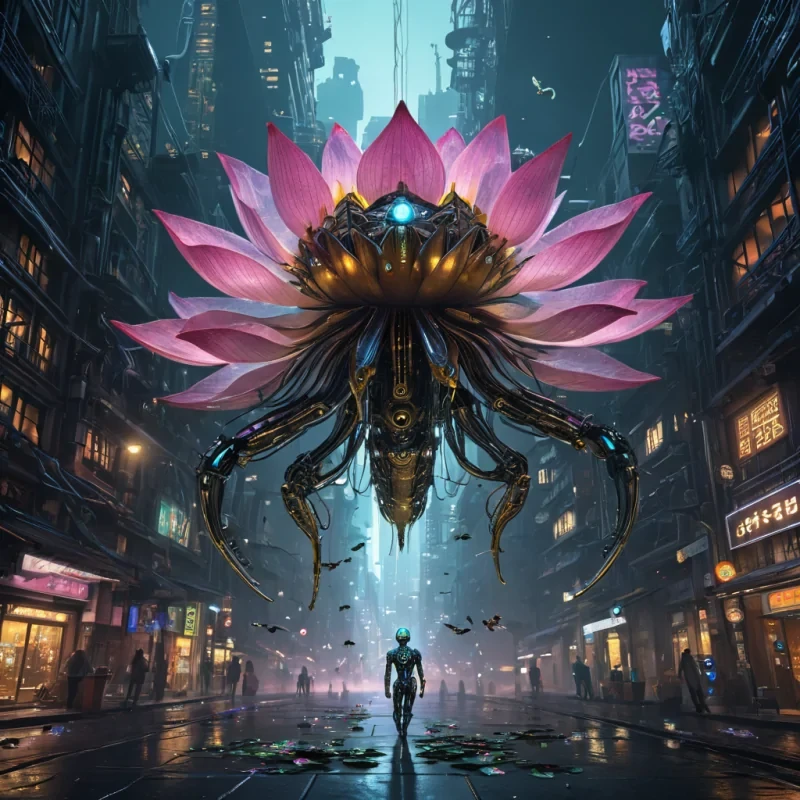 A colossal, ancient, mechanical lotus, its metallic petals unfurling to reveal a labyrinthine, neonlit city within, blooms from the heart of a vast, undulating, obsidian plain. Suspended within the lotus stamen, a holographic, sentient, mechanical swarm of dragonflies dances, casting ephemeral shadows on the citys inhabitants sentient, robotic, reptilian creatures. Rendered in ultra HD, with volumetric lighting, atmospheric effects, and vibrant colors, evoking a sense of surreal, otherworldly wonder.