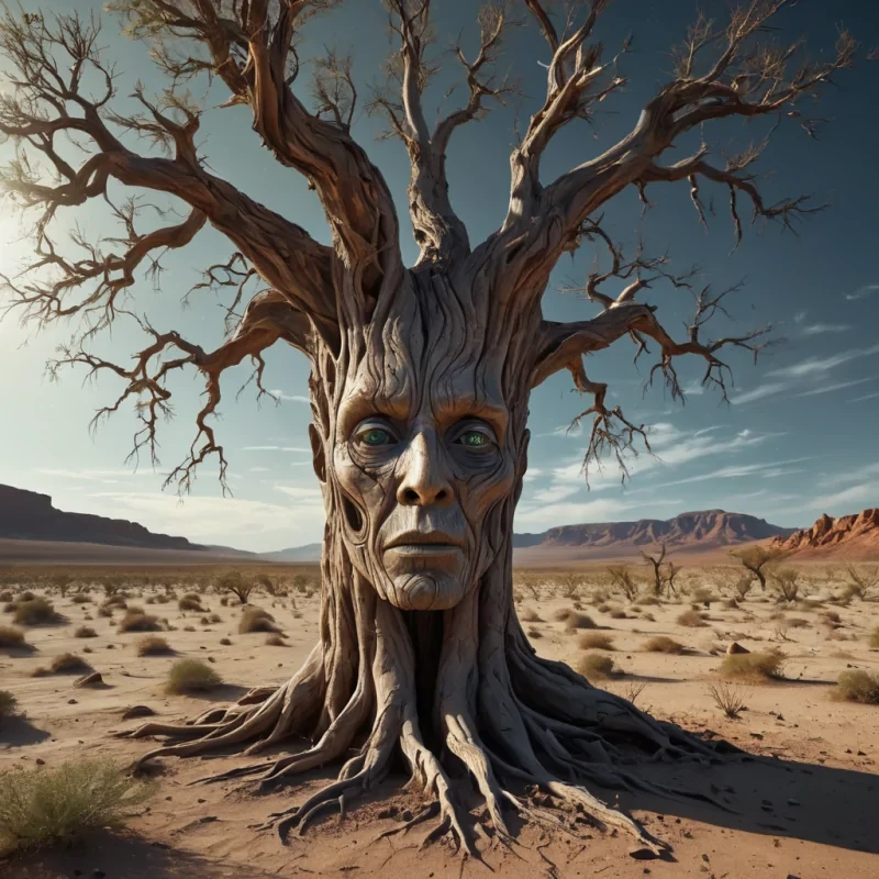 Create a hyperrealistic, ultraHD portrait of a sentient, ancient tree with a human face carved into its trunk, standing alone in a vast, barren desert of glass shards. The trees eyes are two swirling galaxies, and its branches reach out like welcoming arms, adorned with leaves of iridescent, otherworldly metal. Use cinematic lighting to cast dramatic shadows and emphasize the trees weathered features, while subtle atmospheric effects create the illusion of a distant, dying sun. Capture the trees wise, melancholic expression, evoking a profound sense of loneliness and resilience amidst the desolate, alien landscape.