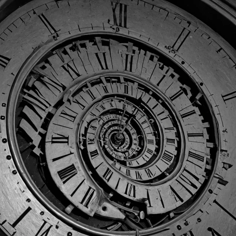 A single, selfilluminating filament of reversed time, shaped like a 42,891dimensional spiral of unformed chronology and inverted causality, pulses at the center of a vast, inverted clocktower of solidified anticipation  each gear carved from the exact moment between a hand turning a key and its refusal to unlock, a second hand sweeping and dissolving into nonlinear stillness, a chime striking and collapsing into pure, unmeasured nonsequitur. The filament does not measure time  it unmeasures it, each fraying strand shedding a layer of temporal potential that never coalesced into linear progression, reforming into ephemeral, iridescent afterimages shaped like the negative space between two