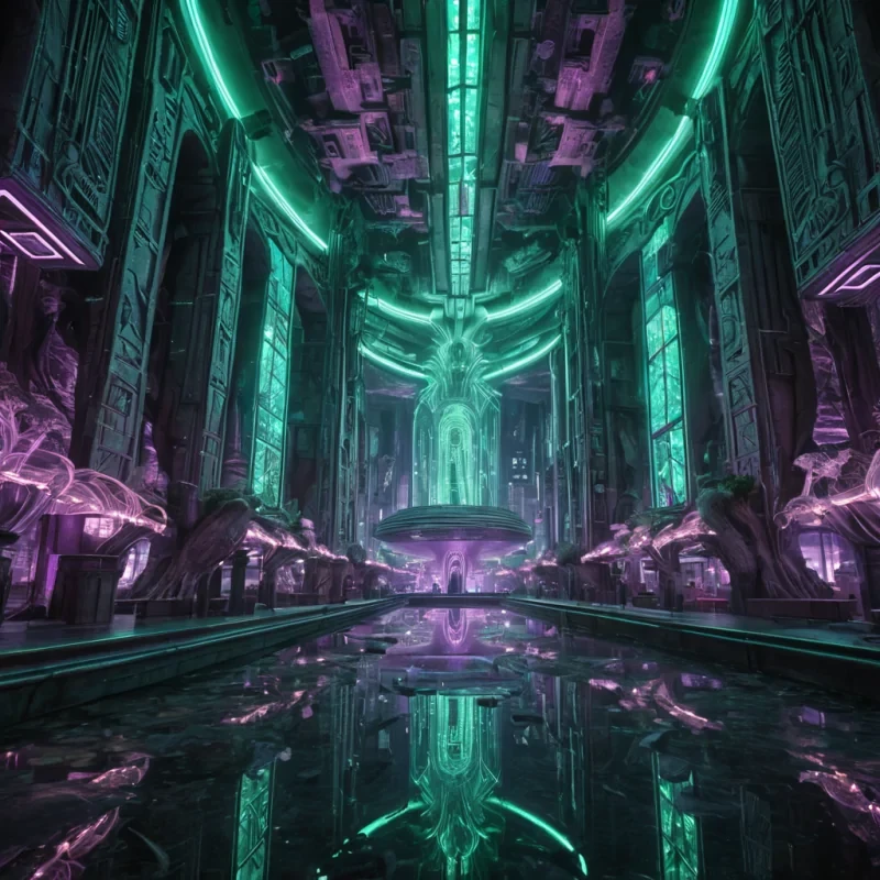 A hyperrealistic, 4K, ultra HD depiction of a surreal, neonlit underground city in the year 2250. The citys towering, art deco structures and geometric tunnels are etched with intricate, holographic patterns that shimmer in a kaleidoscope of electric greens and purples. Volumetric lighting from the pulsating, bioluminescent fungi casts a mesmerizing glow on the diverse, cyberneticallyenhanced citizens. Photorealistic, zerogravity schools of exotic, luminescent creatures drift in a surreal ballet above the shimmering, subterranean rivers. In the heart of the city, a towering, crystalline formation resembling an ancient, earth deity stands watch, its facets reflecting