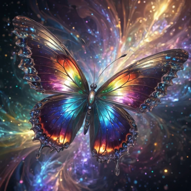 A hyperrealistic, 4K, ultra HD portrait of a quantum butterfly, its iridescent wings shimmering with the prismatic hues of a rainbow. The butterflies eyes, a swirling vortex of cosmic light, hold the secrets of the multiverse. Its wings, a cascade of shimmering quantum strings, gently flutter with an ethereal grace. The background is a surreal, fractal landscape of swirling, holographic dimensions, with distant quantum phenomena and parallel universes casting a soft, prismatic glow. Cinematic lighting accentuates the butterflies delicate features, while a subtle bokeh effect blurs the cosmic backdrop, creating an enchanting atmosphere.