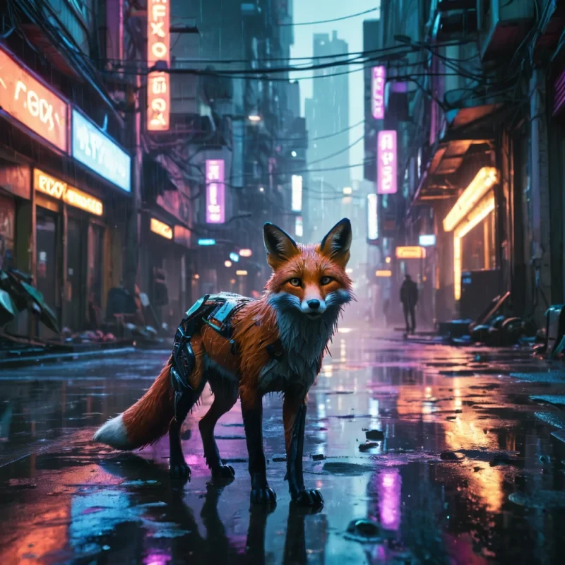 An abandoned, neonlit, cyberpunk cityscape at dusk, reflecting on a rainsoaked street, with a lone, holographic, cybernetic fox prowling through the shadows, cast in ultra HD, cinematic lighting, and dynamic lens flare.