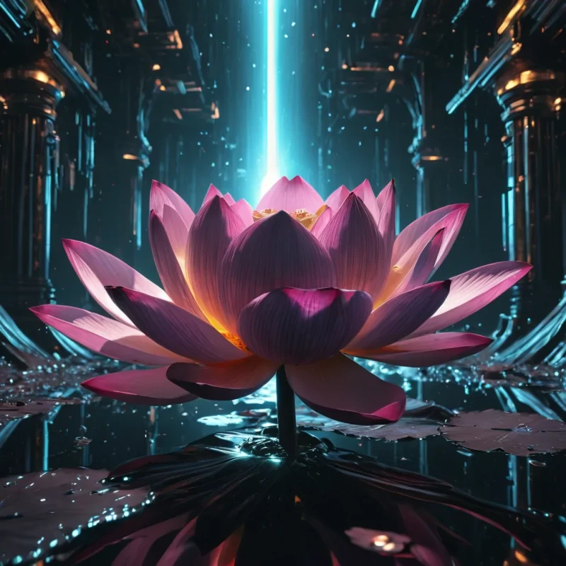 Photorealistic, titanic, obsidian, levitating, lotus blooming from a colossal, inverted, reflective chasm, its hyperrealistic, 4K, velvety petals revealing ultra HD glimpses of a pulsating, neonswathed, cyberpunk metropolis within. Volumetric lighting from unseen, pulsating, cybernetic cores etches the lotus ethereal, fractal petals, casting intricate, dynamic, neondrenched shadows on the inverted void. Cinematic lighting bathes the scene in vibrant, electric hues, with lens flare emphasizing the lotus central, radiant, throbbing, obsidian heart, pulsating with captive, artificial