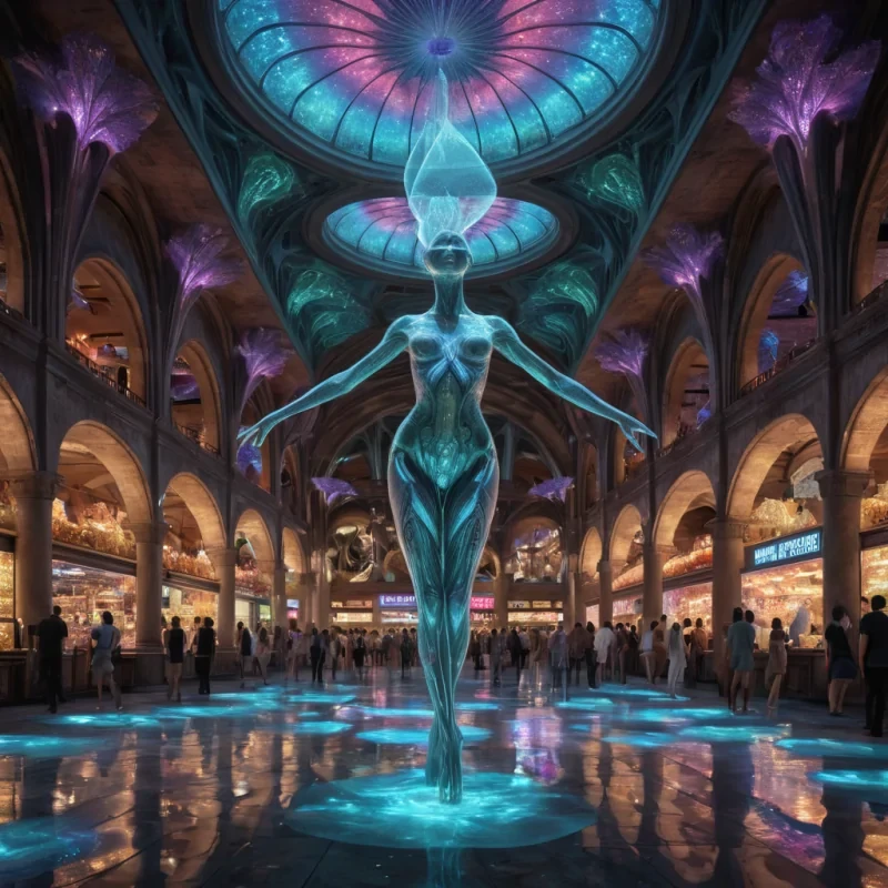 A hyperrealistic, 4K, ultra HD depiction of a surreal, neonlit subterranean marketplace, its vaulted ceilings adorned with intricate, geometric patterns that shimmer in vibrant, prismatic hues. Volumetric lighting from the pulsating, holographic vendor signs casts a mesmerizing glow on the bustling crowd of alien patrons, each with iridescent, scalelike skin and bioluminescent markings. Photorealistic, fractal, zerogravity water formations dance in a surreal ballet above the marketplace, their gentle movements casting ethereal ripples across the crystalline canals. In the center, a towering, crystalline statue of an ancient, mythological being stands watch, its eyes glowing with an otherworldly,