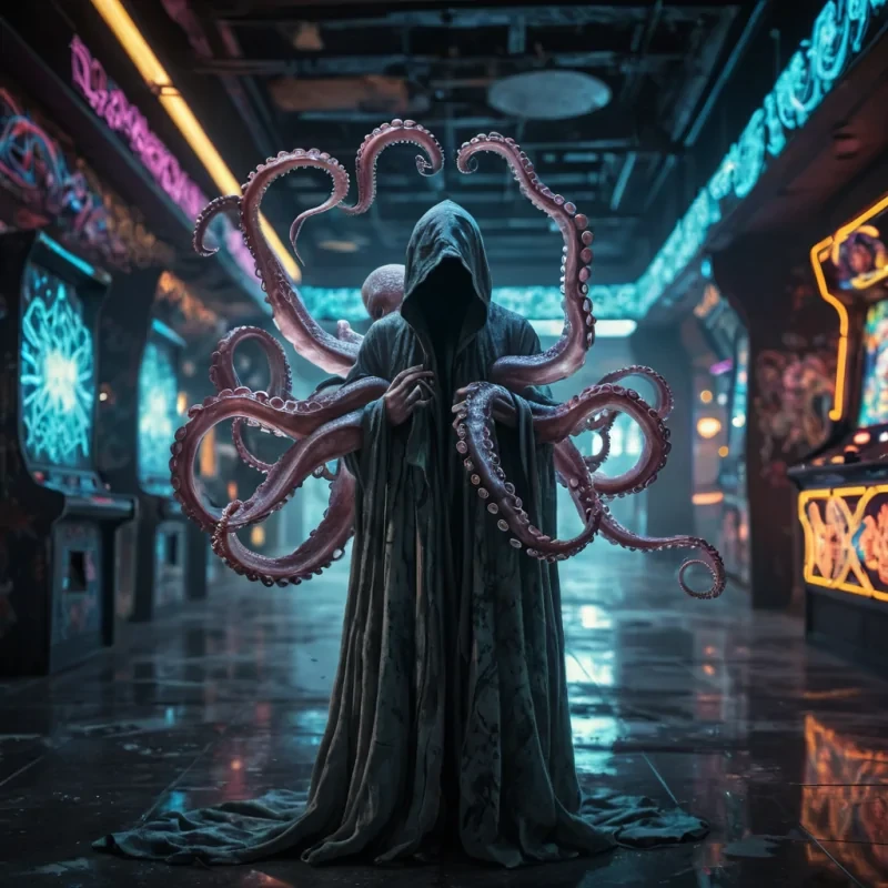 Photorealistic, Ultra HD portrait of a lone, sentient, neonlit holographic octopus, its ethereal form pulsating with intricate, bioluminescent fractal patterns, suspended in the heart of a vast, abandoned, neonlit arcade, with volumetric lighting casting dramatic shadows and emphasizing its dynamic, fluid movements, and a subtle, cool bokeh effect creating a sense of isolation and melancholy, as a spectral, ethereal figure, cloaked in a tattered, hooded robe, stands silently at the edge of the frame, their face obscured by shadows, adding an enigmatic, haunting touch to the otherwise abstract scene.