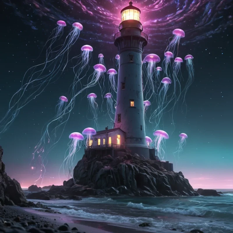 Photorealistic, Ultra HD, bioluminescent jellyfish swarm around a colossal, ancient, cinematic lighthouse, its detailed, textured surface adorned with intricate, 4K filigree. The jellyfishs dynamic, volumetric lighting pulsates with a vibrant, pastel spectrum, casting intricate, atmospheric shadows across the desolate, alien shoreline. The lighthouses powerful beacon, crafted from a swirling, volumetric, neonlit vortex, illuminates the distant, swirling galaxies, creating a soft, ethereal bokeh effect that dances with the scenes lens flare, as the rhythmic, atmospheric calls of unseen creatures echo through the thin, atmospheric air.
