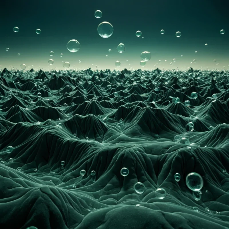 A horizontal, mediumshot hyperrealistic photograph of a serene, abstract landscape where the ground is composed of compressed, matte black velvet that has been meticulously folded into sharp, origamilike creases resembling mountain ranges. Floating above the folds, suspended by invisible threads, are hundreds of large, spherical bubbles made of clear, tempered glass. Inside each bubble, a different, slowmotion scene is preserved some contain swirling storms of neon green gas, others hold static fields of red laser grids, and others contain tiny, dancing figures in white lab coats. The sky above is a seamless, gradient wash of deep teal fading into pale silver, illuminated by a soft, diffused, overcast light that casts no hard shadows, creating a tranquil, liminal