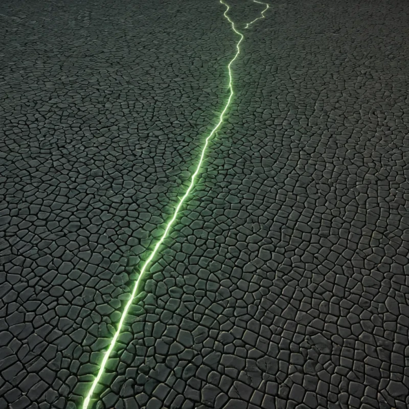 A hyperrealistic, lowangle wide shot of a vast, open desert floor where the sand is replaced by millions of tiny, perfectly aligned, hexagonal tiles of dark, matte basalt, each embedded with a faint, pulsing vein of liquid neon green that flows in a continuous, slow river pattern across the terrain. In the center of the frame stands a single, towering monolith carved from a block of clear, cloudless quartz, its surface etched with intricate, microscopic maps of a nonEuclidean city that seems to shift and rearrange itself as the light changes. The monolith is illuminated by a single, harsh, white spotlight from an invisible source above, casting long, sharp, geometric shadows that stretch out across the tiled
