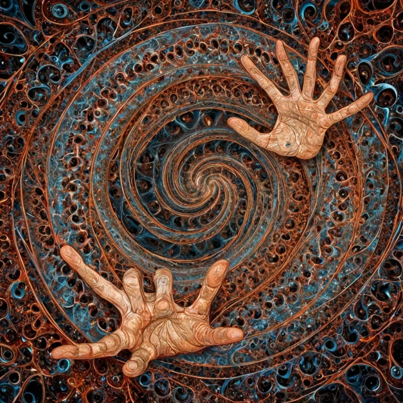 A single, selfresonating fractal of inverted laughter, shaped like a 619dimensional spiral of unformed mirth and reversed joy, pulses at the center of a vast, inverted gallery of solidified silenceeach painting forged from the exact moment between a smile forming and its refusal to be seen, a chuckle escaping and dissolving into nonvibrating air, a hand reaching for a friend and unraveling into a gesture that never touched. The fractal does not amuseit unamuses, each shimmering node shedding a layer of emotional resonance that never coalesced into a shared delight, reforming into ephemeral, lapislazulithreaded afterimages shaped like the negative space between two eyes that