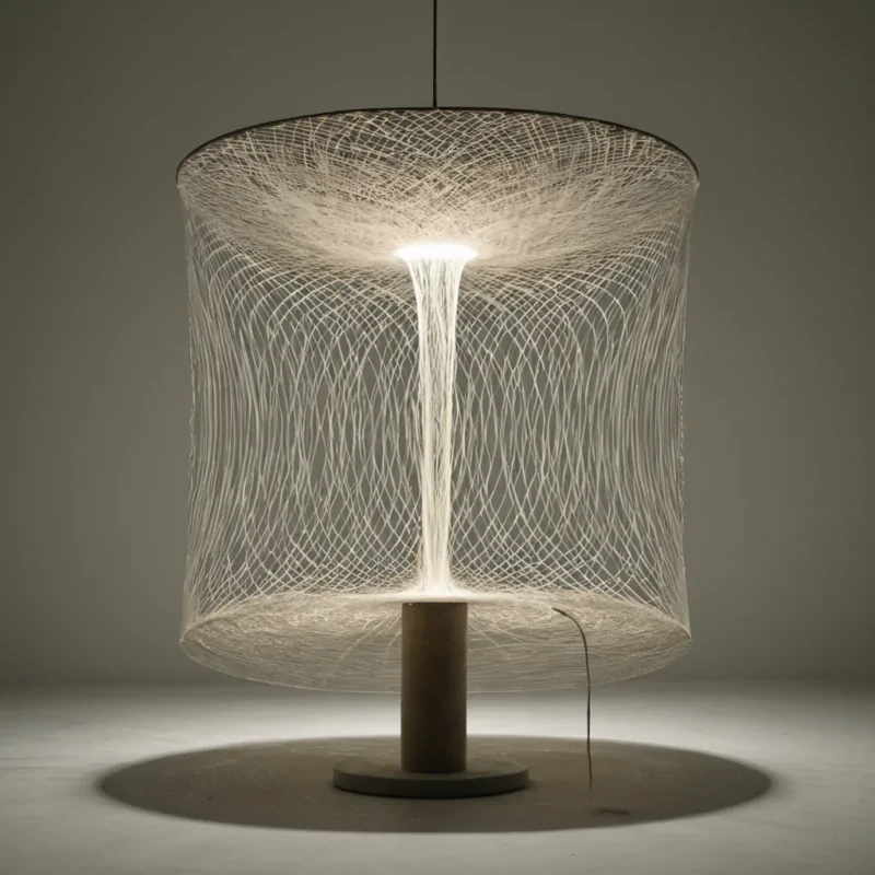 A single, selfilluminating spool of thread floats in the center of a vast, rotating chamber made of solidified soundwaves from a language spoken only in dreams, each thread not made of fiber but of compressed, unspoken confessions that glow with the faint, pulsing afterimage of a voice that never existed. The chamber does not contain airit is filled with a thick, viscous medium of suspended silence, each wave shaped like the negative space between two breaths held in anticipation of a word that never formed. The spool does not unwindit slowly rotates, releasing a single, perfect loop of thread that expands outward, forming a translucent, geometric net that catches the faint, trembling outlines of moments not yet lived. The