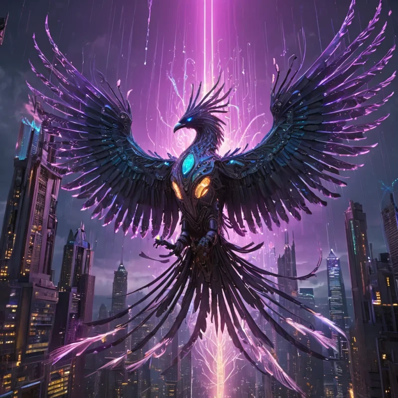 A colossal, ancient, mechanical phoenix, its metallic feathers adorned with intricate, pulsating neon circuits, descends from a stormy, amethyst sky, leaving a trail of iridescent, otherworldly contrails. Below, a labyrinthine, neonlit cityscape sprawls, its towering, obsidian spires reflecting the phoenixs ethereal glow. Suspended within its transparent, bioluminescent belly, a holographic, sentient, mechanical swarm of butterflies dances, casting ephemeral shadows on the citys inhabitants sentient, robotic, avian creatures. Rendered in ultra HD, with dynamic lighting, atmospheric effects, and a subtle b