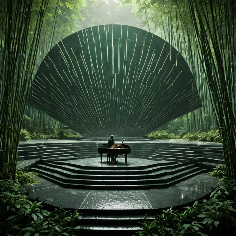 A horizontal, eyelevel medium shot of a tranquil, circular amphitheater constructed from layered, semitranslucent sheets of compressed green jade, set within a dense, mistshrouded bamboo forest that has been stylized into a geometric, lowpoly environment. The bamboo stalks are rendered as sharp, emeraldgreen triangular facets that rise vertically, their surfaces etched with glowing, goldleaf circuitry patterns that pulse with soft, rhythmic light. In the center of the amphitheater sits a solitary, ancientlooking grand piano made entirely of polished obsidian, its lid open to reveal strings of shimmering, liquid silver that ripple like water when touched. A figure wearing a traditional, widesleeved robe made of sheer,