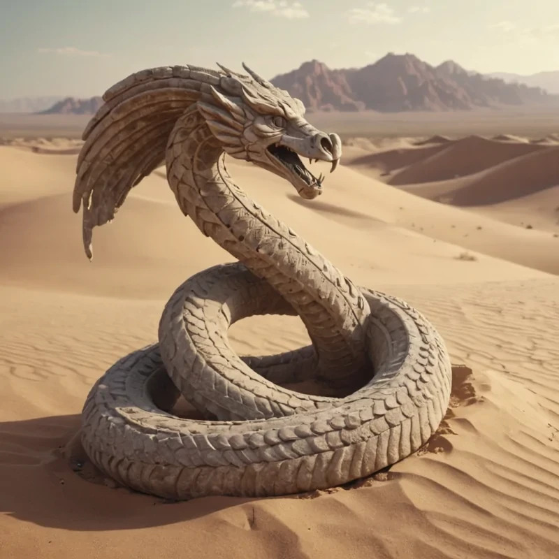 A lone, ancient stone statue of a winged serpent, slowly being reclaimed by the desert sands, hyperrealistic, 4K, cinematic lighting, volumetric lighting, atmospheric effects, soft focus, pastel tones, detailed textures.