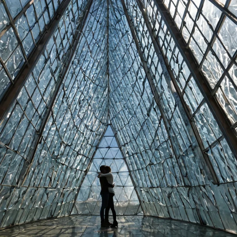 A single, selfoscillating shard of frozen resonance, shaped like a 23dimensional lattice of unformed empathy and reversed connection, hovers at the center of a vast, inverted greenhouse of petrified sunlighteach pane of glass forged from the solidified warmth of a civilization that measured love not by touch, but by the duration of synchronized, breathless proximity held just before the first embrace was ever permitted to occur in a world where intimacy was forbidden. The shard does not vibrateit unfeels, each crystalline facet shedding a layer of emotional potential that never coalesced into a shared tenderness, reforming into ephemeral, opalthreaded afterimages shaped like the negative space between two palms that never met