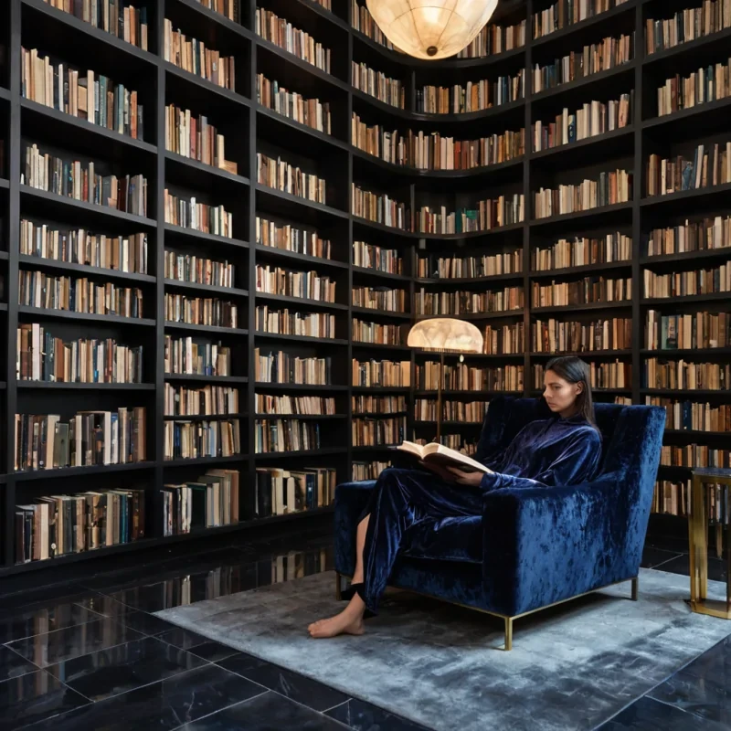 A horizontal, eyelevel medium shot of a serene, indoor library where the architecture is formed from massive, smooth blocks of translucent alabaster that diffuse the light from hidden internal sources into a soft, pearlescent glow. The shelves are not static but are composed of floating, magnetic rings of polished bronze that rotate slowly, holding books bound in iridescent beetle shells and woven metallic threads. In the center, a figure sits in a low, cushioned chair upholstered in deep indigo velvet, their skin reflecting the ambient light with a subtle, opalescent sheen. The floor is a seamless surface of black basalt, highly polished to reflect the floating shelves and the gentle, swirling dust motes that dance in the air like tiny