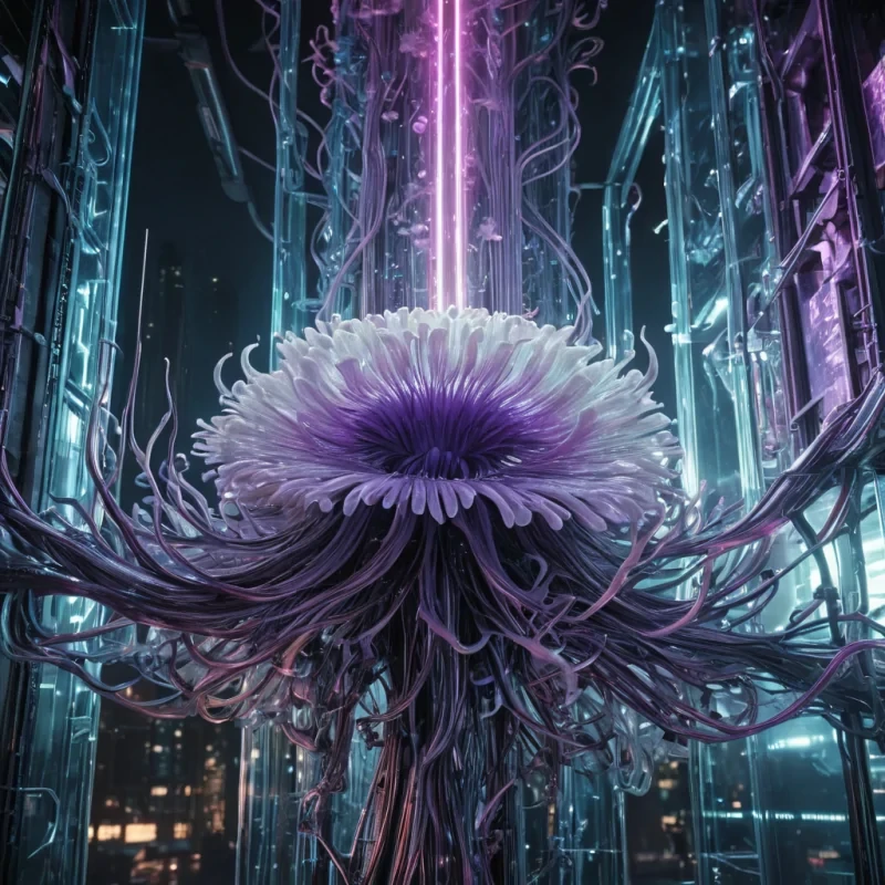 Photorealistic, titanic, ethereal, glassine, anemone metropolis, its hyperrealistic, 4K, translucent, tendril structures revealing ultra HD glimpses of a bustling, neonlit, cyberpunk world within. Volumetric lighting from unseen, pulsating, cybernetic cores etches the metropolis ethereal, fractal tendrils, casting intricate, dynamic, neondrenched shadows on the inverted, reflective void. Cinematic lighting bathes the scene in vibrant, electric hues, with lens flare emphasizing the metropolis central, radiant, throbbing, anemone heart, pulsating with captive, artificial intelligence.