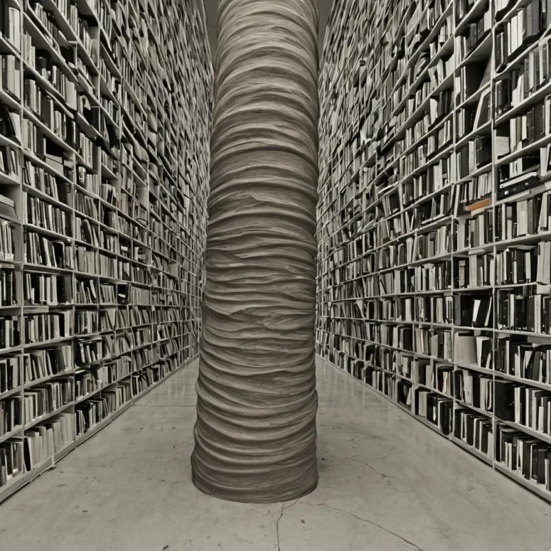 A single, selferoding column of solidified silence, shaped like a spiraling, nonEuclidean vortex of reversed linguistic inertia, floats at the center of a vast, inverted archive suspended between two unaligned moments of forgotten language. The column does not decayit untranslates, each rotation dissolving a layer of meaning that never coalesced into a coherent sentence, reforming into ephemeral, obsidianveined afterimages shaped like the negative space between two tongues that never articulated the same lost phrase. The archive is not textualit is a layered expanse of petrified grammar, each shelf etched with the syntactic residue of a word that was almost spoken, its aisles humming with the lowfrequency tremor