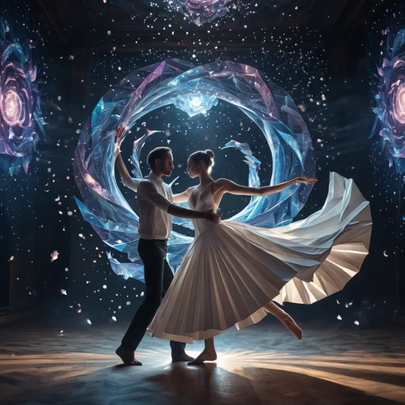 A hyperrealistic, 4K portrait of a sentient, levitating origami swan gracefully dancing with a spectral, ethereal partner in a zerogravity, bioluminescent ballroom, surrounded by a swirling, kaleidoscopic vortex of stardust and cosmic energy, with cinematic lighting casting dramatic shadows and emphasizing the intricate, paperthin forms, and a subtle, warm bokeh effect creating a sense of otherworldly enchantment.