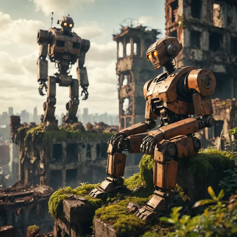 A solitary, rusted robot sits atop a towering, mosscovered ruin in a postapocalyptic cityscape, hyperrealistic, 8K, cinematic lighting, volumetric lighting, atmospheric effects, dynamic lighting, bokeh effect, soft focus, lens flare, rustic tones, detailed textures.