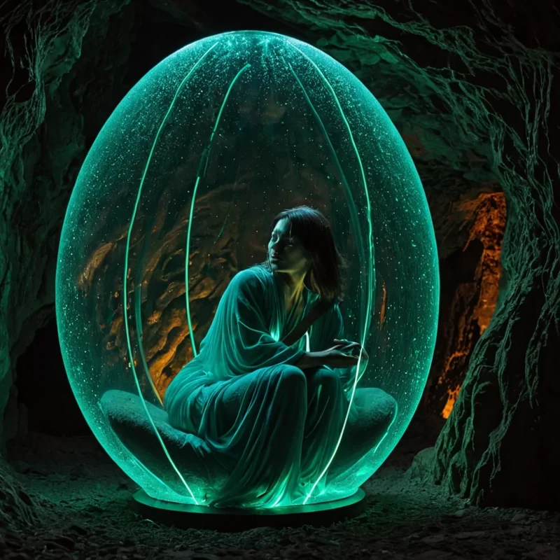 A tight, hyperrealistic closeup of a solitary figure seated in a suspended, eggshaped pod crafted from translucent, milky amber resin, drifting through a vast, subterranean cavern filled with warm, humid air. The figure is dressed in a flowing, iridescent silk robe that shimmers with shifting hues of violet and teal, their hands gently touching the interior walls of the pod, which are embedded with thousands of tiny, glowing fiberoptic threads that react to their touch by pulsing with soft, rhythmic light. Outside the pod, the cavern walls are covered in lush, velvettextured mosses of deep emerald and burgundy, interspersed with clusters of large, bioluminescent blue flowers that emit a
