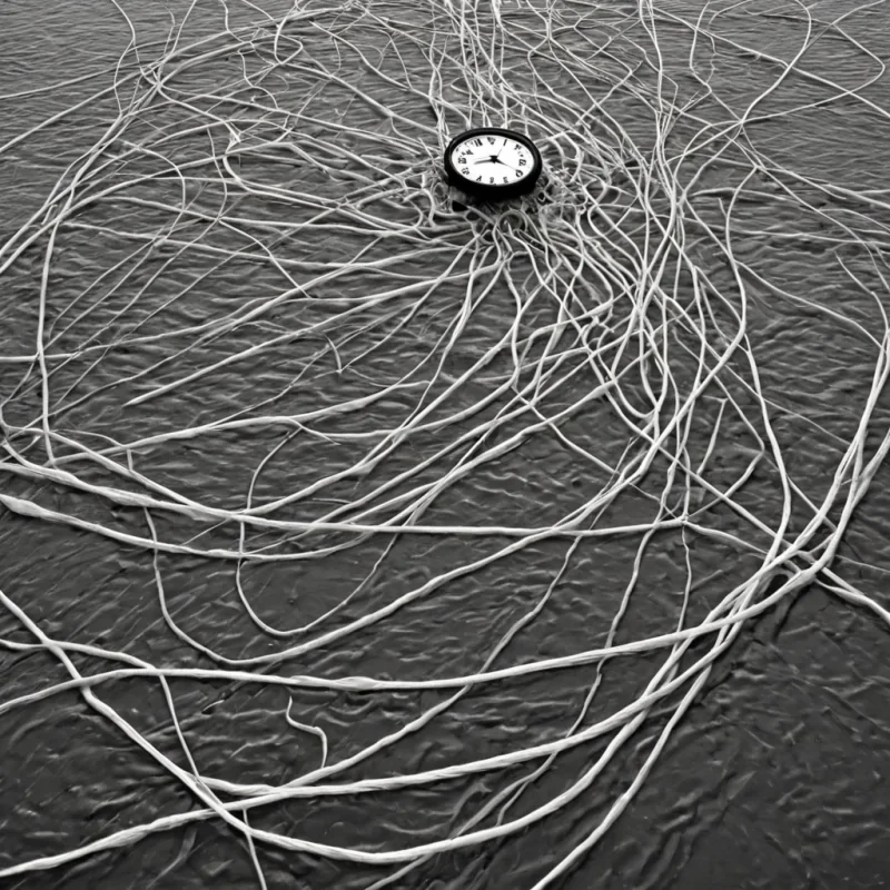 A single, selfigniting filament of reversed time, shaped like a 1,000,000,000dimensional thread of unformed chronology and inverted causality, floats at the center of a vast, inverted river of solidified future. Each strand is woven from the exact moment between a clocks hands turning and their refusal to move, a decision being made and dissolving into nonconsequence, a heartbeat beginning and collapsing into pure, unmeasured nonprogress. The filament does not measure timeit unmeasures it, each fraying point shedding a layer of temporal potential that never coalesced into memory, prediction, or linear continuity, reforming into ephemeral, amethystveined mist