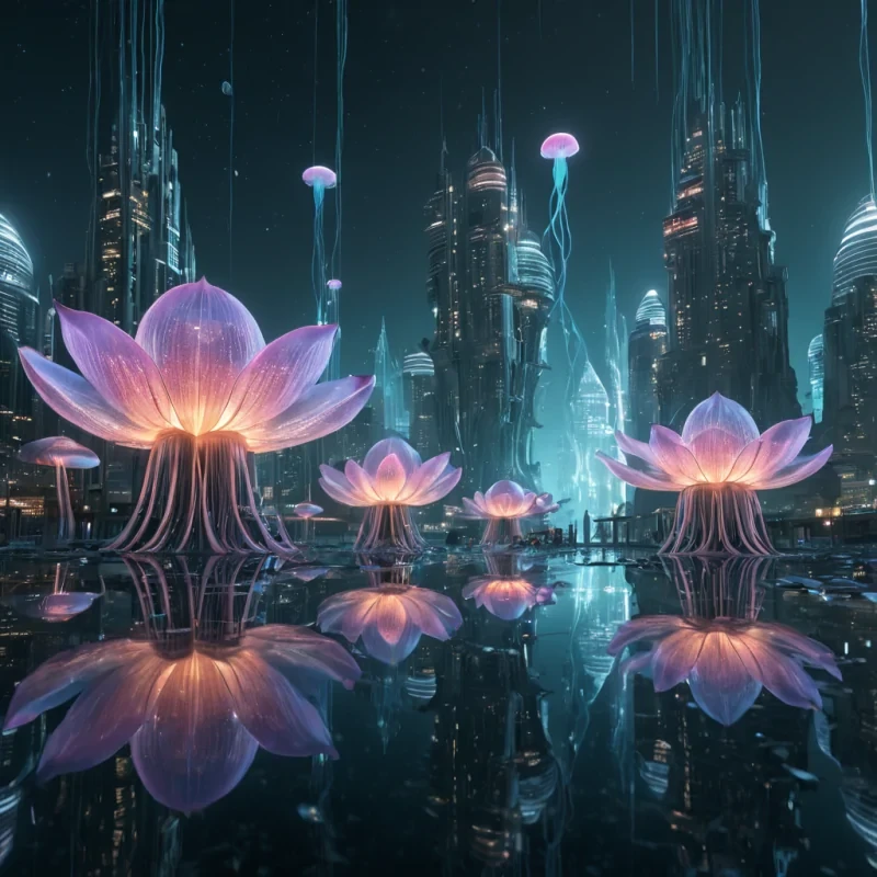 Photorealistic, colossal, entwined, opalescent, lotus and jellyfish metropolis, its hyperrealistic, 4K, translucent, pulsating structures revealing ultra HD glimpses of a pulsating, bioluminescent, aquatic world within. Volumetric lighting from an unseen, ethereal source etches the citys ethereal, bellshaped towers, casting intricate, dynamic, shimmering shadows on the inverted, reflective surface. Cinematic lighting bathes the scene in vibrant, otherworldly hues, with lens flare emphasizing the citys central, radiant, throbbing, lotus and jellyfish heart, pulsating with captive, alien marine life.