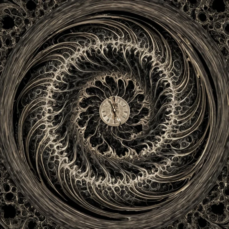 A single, selfresonating fractal of reversed time, shaped like a 17,429dimensional spiral of unformed chronology and inverted causality, pulses at the center of a vast, inverted hourglass of solidified stasis  each grain forged from the exact moment between a clocks hand turning and its refusal to move, a heartbeat syncing with the universe and dissolving into nonrhythmic stillness, a decision forming in the mind and collapsing into pure, unmeasured nonsequence. The fractal does not measure duration  it unmeasures it, each shimmering layer shedding a thread of temporal potential that never coalesced into linear progression, reforming into ephemeral, amethystveined after