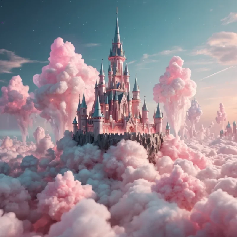 A levitating, crystalline castle floating above a sea of cotton candy clouds, its spires emitting soft, pulsating auroras, hyperrealistic, 4K, cinematic lighting, volumetric lighting, atmospheric effects, bokeh effect, pastel tones, detailed textures.
