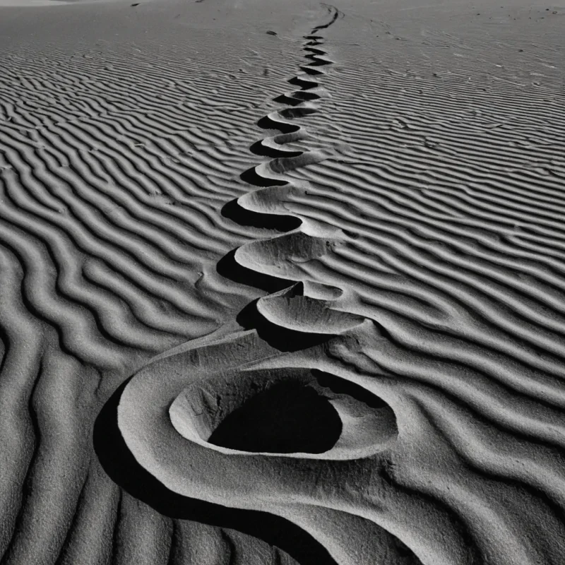 A single, selfattenuating filament of solidified shadow, shaped like a fractalized, nonreflective helix of inverted gravity, pulses at the center of a vast, suspended desert where the sand is not mineral, but compressed, unspoken vows from a civilization that communicated through the duration of unbroken eye contact. The filament does not collapseit unswears, each twist dissolving a layer of commitment that never coalesced, reforming into ephemeral, monochromatic dunes shaped like the negative space between two pupils that never dilated in the same moment of mutual understanding. The desert is not aridit is a layered expanse of petrified intention, each ripple etched with the thermal residue of