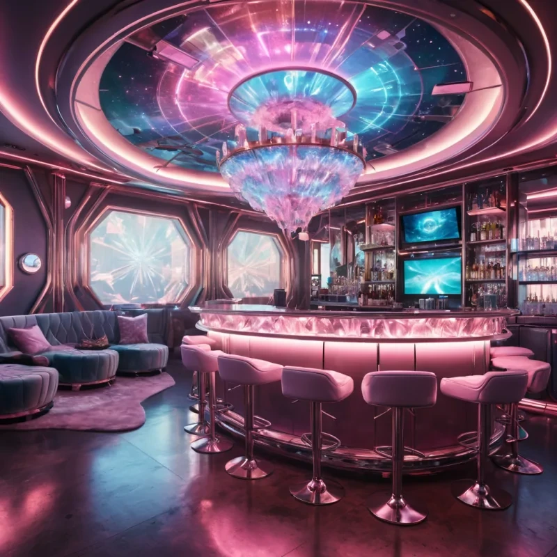 A hyperrealistic, 4K, ultra HD depiction of an opulent, retrofuturistic lounge in a zerogravity space station, its sleek, metallic surfaces and plush, velvet furnishings bathed in the soft, pastel glow of ambient lighting. Fractal, holographic decorations float serenely in the weightless environment, casting mesmerizing, prismatic shadows on the curved, crystalline walls. A vibrant, neon bar counter winds its way through the center of the lounge, its iridescent surface pulsing with a gentle, rhythmic light. Cinematic lighting highlights the luxurious, decadent atmosphere, with lens flare accentuating the stations central, radiant spire, a beacon of technological marvel and cosmic wonder.