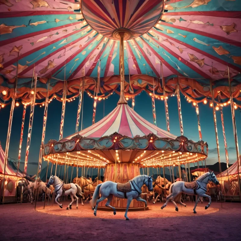 A hyperrealistic, 4K, ultra HD depiction of a vibrant, retrofuturistic circus tent at twilight. The tents whimsical, art deco patterns shimmer in a kaleidoscope of pastel hues, with volumetric lighting from the pulsating, neon signage casting a mesmerizing glow on the diverse, vintagedressed performers. Photorealistic, zerogravity confetti formations drift in a surreal dance above the central, shimmering big top, their gentle movements casting ethereal ripples across the water. In the heart of the circus, a towering, art deco carousel rotates, its horses adorned with intricate, geometric designs that reflect the vibrant colors of the setting sun.