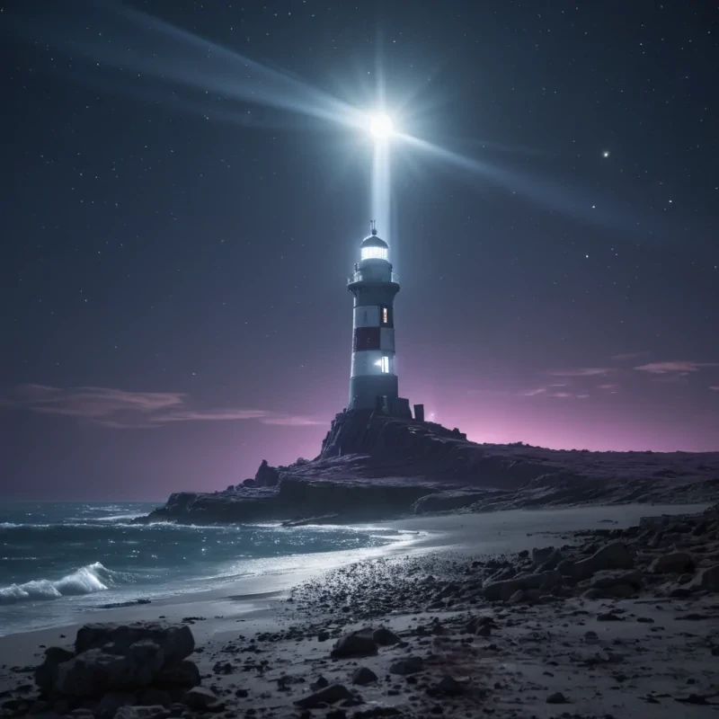 A lone, robotic lighthouse standing on a barren, alien coastline, its beam cutting through a triple moonlit sky, hyperrealistic, 8K, cinematic lighting, volumetric lighting, atmospheric effects, dynamic lighting, bokeh effect, soft focus, lens flare, cool blues, icy whites, and deep violets, detailed textures.