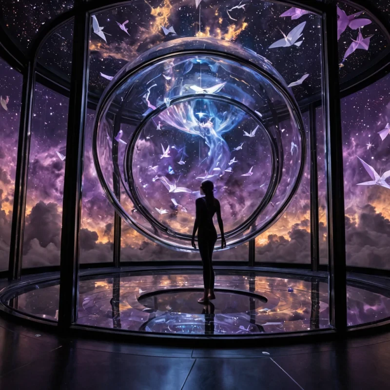 A vertical, eyelevel closeup of a solitary figure standing inside a spherical, pressurized glass chamber that serves as a floating observation deck in the heart of a nebularich deepspace cloud. The chamber walls are lined with intricate, etched brass filigree that glows with a soft, warm amber hue, contrasting sharply with the cool, ethereal purples and blues of the cosmic storm visible through the thick transparent panels outside. The floor beneath the figures feet is a seamless, highly reflective surface of polished black onyx, mirroring the swirling vortex of star dust and gas clouds above. Floating freely within the zerogravity interior are dozens of delicate, origamistyle paper cranes made from luminous, holographic foil that