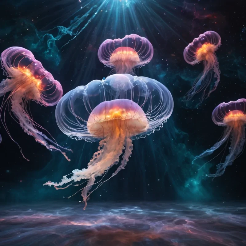 An ephemeral, gravitydefying ballet of colossal, luminescent jellyfish, dancing in slow motion against a backdrop of a distant, swirling, supernova, captured in Ultra HD with dynamic lighting and vibrant colors.