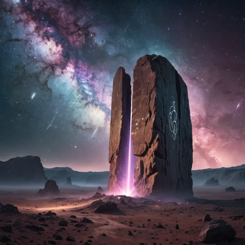 An ethereal, pastelhued nebula swirling around a colossal, ancient stone monolith, carved with enigmatic symbols. The monolith is bathed in dynamic, otherworldly lighting, casting long, dramatic shadows across the cosmic landscape. Ultra HD textures reveal intricate details on the monoliths surface, while distant galaxies and comets streak across the vast, starstudded expanse.