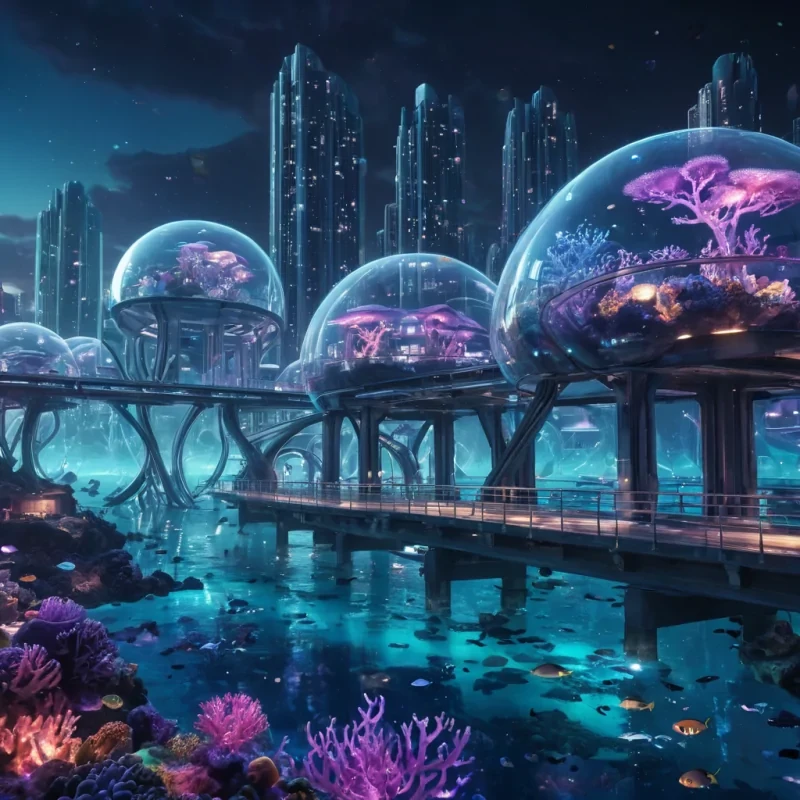 A vast, underwater metropolis where bioluminescent coral structures house transparent domed residences, interconnected by shimmering, neon bridges, hyperrealistic, 8K, cinematic lighting, volumetric lighting, atmospheric effects, dynamic lighting, bokeh effect, soft focus, lens flare, vivid blues and purples, detailed textures.