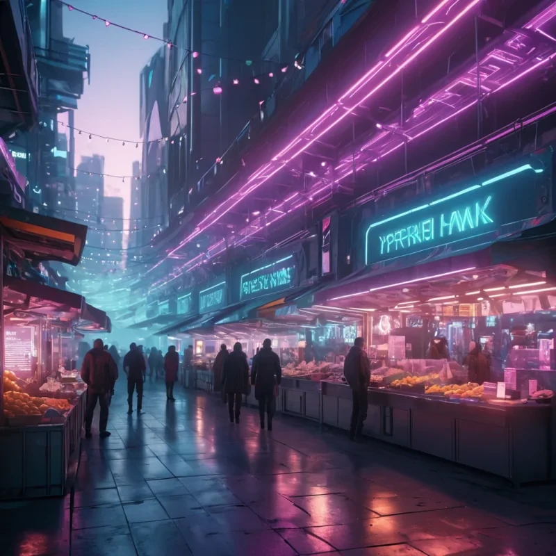 Hyperrealistic cyberpunk market at dawn with glowing holographic vendors and reflective metallic stalls, volumetric lighting, dynamic shadows, bokeh effect, vibrant colors, 4K