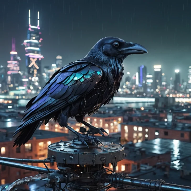 A cybernetic raven perched on a rusted, neonlit satellite dish, its eyes glowing with intricate circuits, overlooking a flooded cityscape where buildings jut out of the water like monolithic sculptures, hyperrealistic, 8K, cinematic lighting, volumetric lighting, atmospheric effects, dynamic lighting, bokeh effect, soft focus, lens flare, neon greens, electric blues, and metallic silvers, detailed textures.