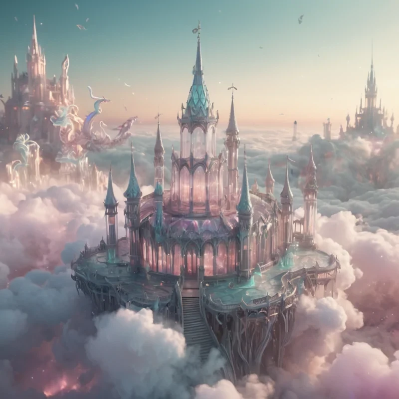 A crystal palace floating above a sea of clouds, its spires emitting soft, ethereal glow, surrounded by a flock of iridescent, feathered serpents, hyperrealistic, 4K, cinematic lighting, volumetric lighting, atmospheric effects, dynamic lighting, bokeh effect, soft focus, lens flare, pastel tones, detailed textures.