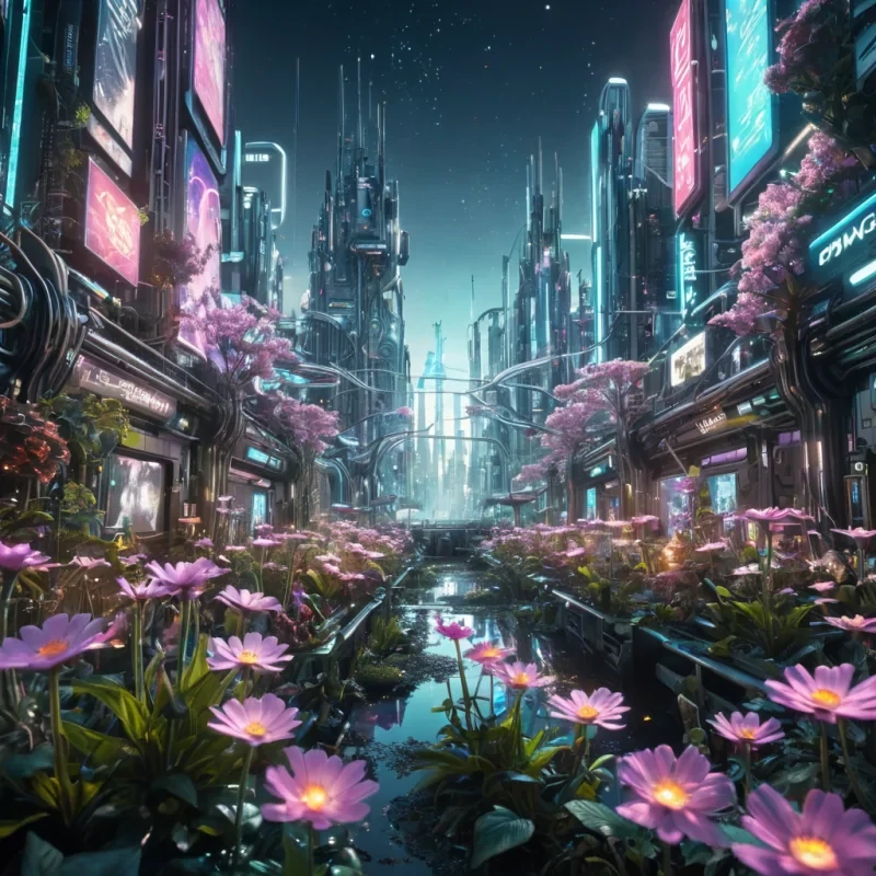 A sprawling, cybernetic garden blooming with mechanical flowers that emit soft, pulsating glows, nestled within a sprawling, futuristic metropolis where holographic advertisements dance across the skies, hyperrealistic, ultra HD, cinematic lighting, volumetric lighting, atmospheric effects, dynamic lighting, bokeh effect, soft focus, lens flare, pastel tones, detailed textures.