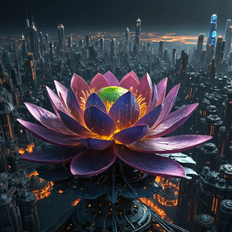 A colossal, ancient, mechanical lotus, its metallic petals unfurling to reveal a labyrinthine, neonlit city within, blooms from the heart of a vast, undulating, obsidian plain. Suspended within the lotus stamen, a holographic, sentient, mechanical swarm of dragonflies dances, casting ephemeral shadows on the citys inhabitants sentient, robotic, reptilian creatures. Rendered in ultra HD, with volumetric lighting, atmospheric effects, and vibrant colors, evoking a sense of surreal, otherworldly wonder.