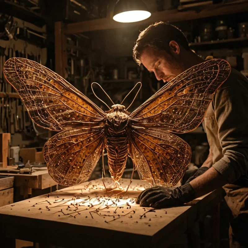 A hyperrealistic, eyelevel medium shot of a bustling, dimly lit artisan workshop where a craftsmans hands, clad in fingerless gloves of woven copper mesh, are meticulously soldering a circuit onto the wing of a lifesized, taxidermied moth. The moths body is constructed from stacked, thin sheets of compressed, translucent amber resin, revealing suspended pollen grains and tiny, fossilized insects within its amber core. The wings are not silk, but delicate membranes of flexible, transparent polycarbonate etched with a complex, golden geometric lacework that catches the warm, flickering light of a single kerosene lamp. Surrounding the workbench are dozens of similar, unfinished moths hanging in rows, each at a