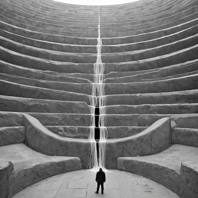 A single, selfresonating filament of reversed gravity, shaped like a 7,412dimensional hyperbraid of unformed weight and inverted mass, drifts through a vast, inverted amphitheater of solidified silenceeach seat carved from the exact moment between a voice rising and its refusal to be heard, a song beginning and dissolving into nonvibrational mist, a breath exhaled and collapsing into pure, unmeasured stillness. The filament does not defy gravityit undefies it, each spiraling strand shedding a layer of physical potential that never coalesced into downward pull, reforming into ephemeral, obsidianthreaded afterimages shaped like the negative space between two feet that never left